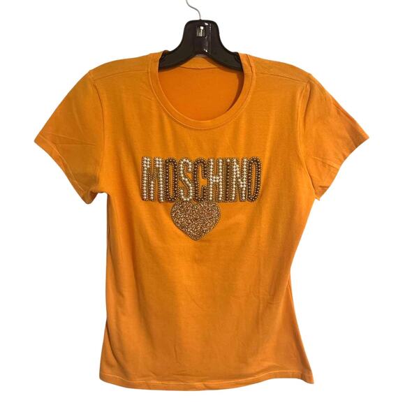 Moschino Rare Orange Rhinestone Logo Heart T-Shirt Size M Sparkle Designer Tee - Picture 2 of 4